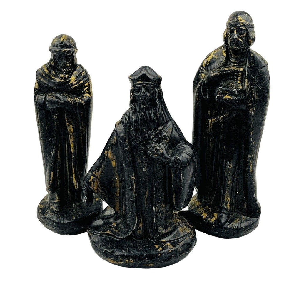 Vtg Three Wisemen Wax Figurines Black with Gold Paint Christmas Nativity Kings
